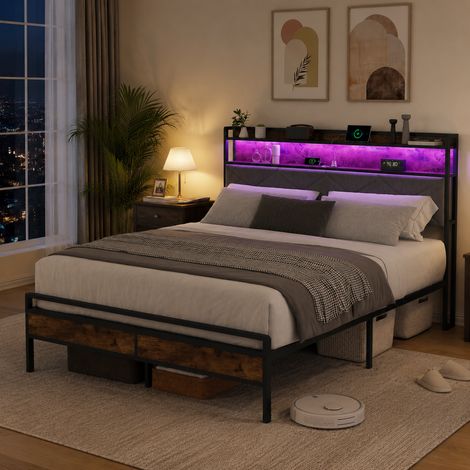 Lit capitonné 140×200 cm,lumière LED,port USB,lit double,rangement sous le lit,cadre de lit imitation bois 140×200,rangement dans la tête de lit,pieds en métal,style vintage,cadre à lattes,Lin,Gris (1/5)
