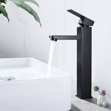 Noir Robinet Salle de Bain Haut, MEEJEE Mitigeur Salle Bain pour Vasque Robinet de Lavabo avec Poignée Carré