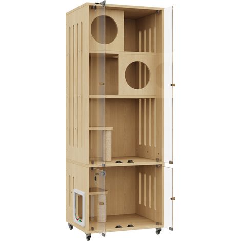 Casa per gatti con ruote in MDF e vetro 60x50x156 cm con sportello per gatti e serratura MODENUIT (1/5)