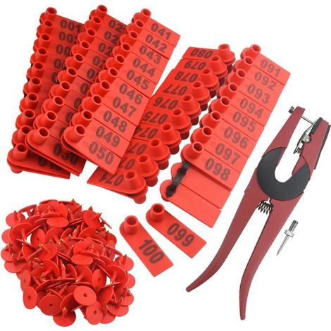 Etiquette d'oreille en plastique numéro 1 à 100 pour bétail et 1 applicateur d'étiquette d'oreille pour chèvre et mouton (1/5)