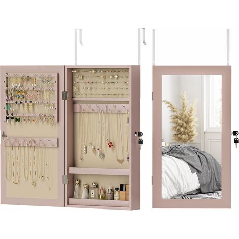 Miroir à bijoux mural avec serrure, compartiments multiples, fixation murale ou porte, intérieur rose et beige (1/5)