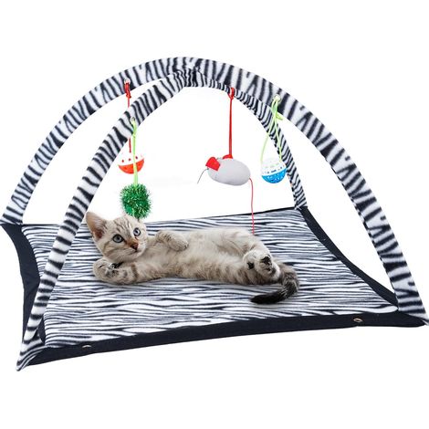 1 - Tapis Chat - Hamac Chat - Tente Interactive en Polaire avec Jouets Suspendus pour Activité et Repos Intérieur Rayures Zébrées 61x61x34cm (1/5)