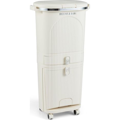Poubelle de tri beige 3 compartiments en PP avec couvercle, pédale et roulettes pour cuisine, salle à manger et bureau (1/5)