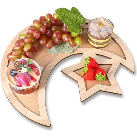 Décoration d\'Affichage de Plateau d\'Aïd Mubarak Étoile Lune Plateau de Dessert en Bois Ramadan Vaisselle au Service de Nourriture