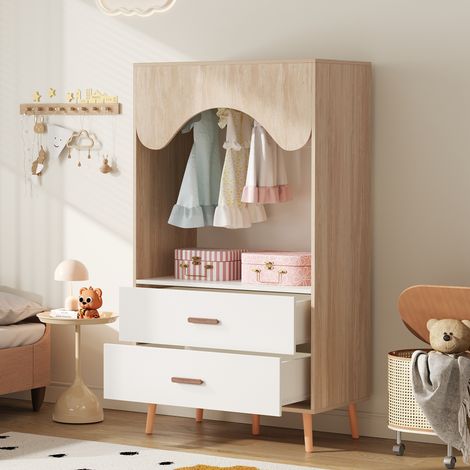 Offener Kinder-Kleiderschrank aus MDF in Weiß und Natur, mit Kleiderstange und 2 Schubladen, 80 x 46 x 141,5 cm