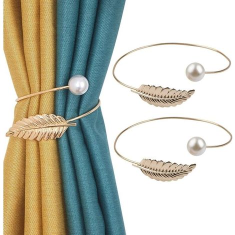 CSPARKV Lot de 2 embrasses de rideaux aléatoires torsadées - Boucles de corde décoratives en forme de feuilles de perles pour la maison et le bureau (doré) (1/5)