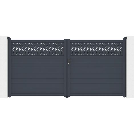 Cancello a battente L355 x H181 cm Alluminio semi pieno con motivi Antracite - BAZIO