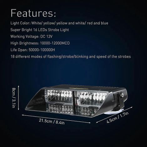 16 LED, 18 modes de clignotement, gyrophare stroboscopique d'urgence pour voiture/camion, rouge et bleu (1/4)