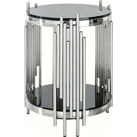 Table d'appoint ronde moderne en verre de 45 cm pour salon, table ronde noire avec cadre en acier inoxydable argenté et verre trempé de 6 mm, pour canapé, balcon et chambre, facile à monter et à netto