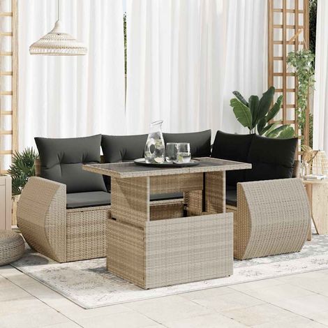 5-tlg. Garten-Sofagarnitur mit Kissen Hellgrau Poly Rattan (1/5)