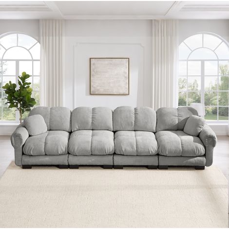 Canapé modulable en chenille gris clair avec assises épaisses et accoudoirs courbes (1/5)
