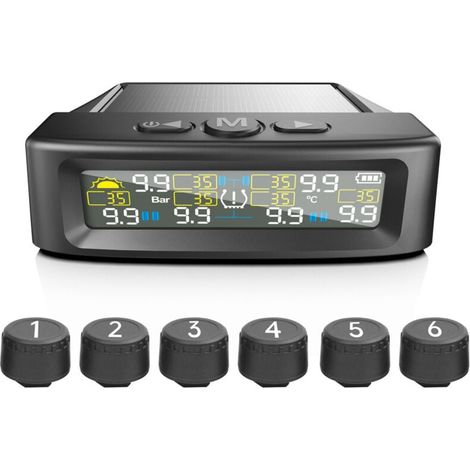 Trywise TPMS Système de Surveillance de la Pression des Pneusà 6 Roues,9.9 bar/144 PSI Max,Charge Solaire et USB,pour camions, caravanes,Bus (1/4)