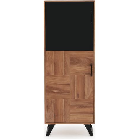 Schwarzes Regal mit zwei Türen aus massivem, recyceltem Akazienholz mit schwarzen Metallbeinen. (1/5)