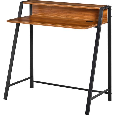 HOMCOM 2-Tier Storage Computer Workstation with Shelf, Metal Frame Walnut (1/5)