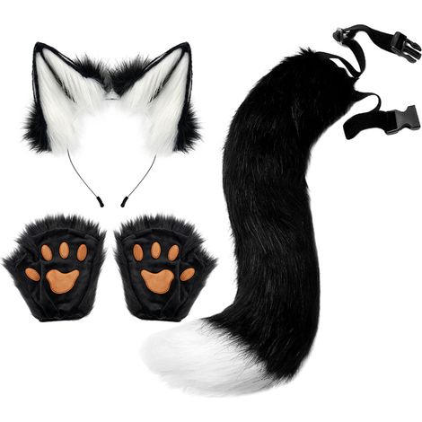 Masque Therian Chat AYA Ensemble avec Queue Loup, Masque Renard Longue Queue, Porte-Clés, Demi-Masque Mascarade pour Cosplay et Fêtes (1/2)