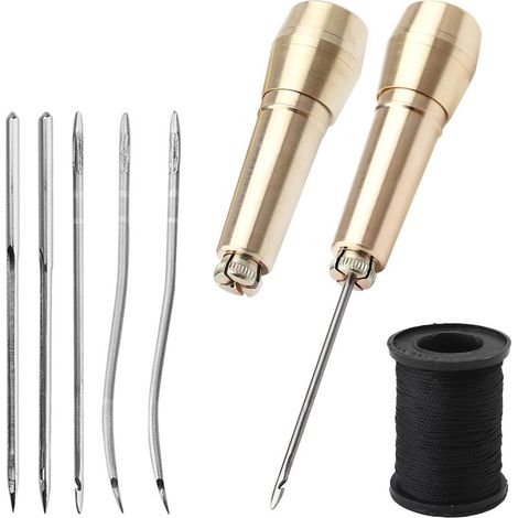 Set of 2 leather sewing awls, shoemaker's awl for leatherwork with 2 brass handles, 2 straight needles, 2 curved needles, 2 needle holes and 50 meters of black sewing thread. (1/5)