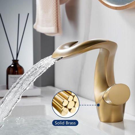 Robinet cascade or brossé pour lavabo – Mitigeur monotrou en laiton – Design élégant, installation facile pour salle de bain