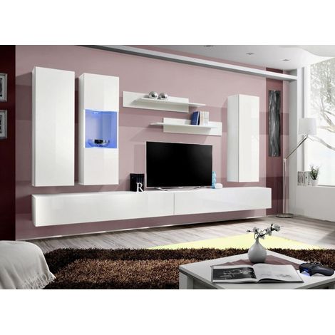 Ensemble meuble TV mural  - Fly IV- 320 cm x 190 cm x 40 cm - Blanc - Livraison gratuite