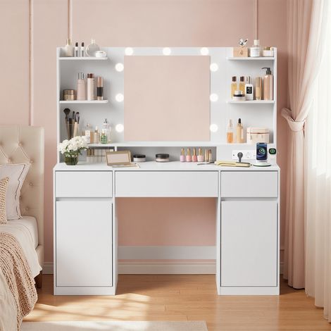 Coiffeuse avec Miroir LED, Multiprise, 2 Placards, 9 Ampoules, Éclairage 3 Couleurs, Blanc (1/5)