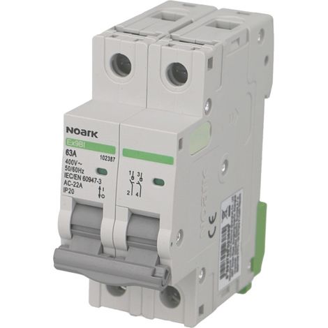 Interrupteur sectionneur 2 pôles 63A – Montage sur rail DIN – Utilisable comme sectionneur principal – Indice de protection IP20 – Noark