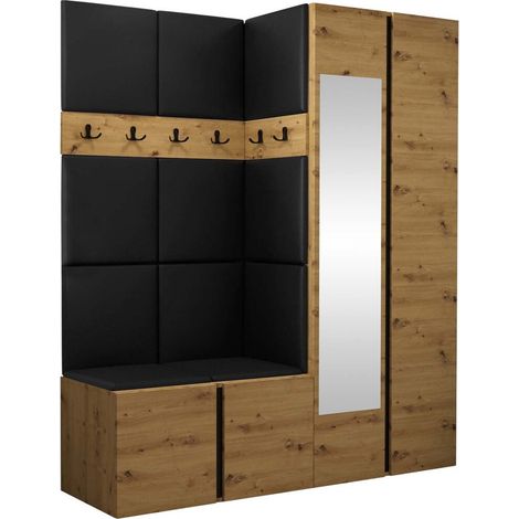 Mobilier1 – Meuble d'entrée Hartford 278 – Faux cuir et stratifié – Dimensions 186x158x46cm – Miroir inclus – À suspendre ou à poser