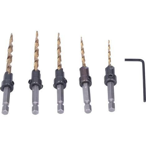 5-teilige Kegelbohrer-Bits, Sechskantschaft, imperiales Titan beschichtet, mit 2 Anfasnuten und praktischem Senkbohrer-Set für Tischbohrmaschinen, Handbohrmaschinen und Bohrmaschinen (1/5)
