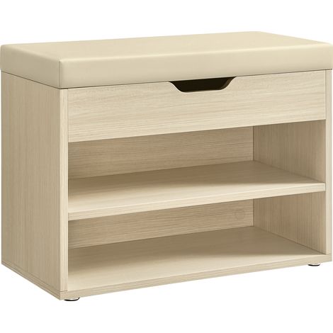 Banc à Chaussures, Meuble à Chaussures avec Siège Rembourré, Banc d’Entrée avec 3 Compartiments et Assise Rembourrée, 30 x 60 x 44 cm, pour Entrée, Chambre, Salon, Beige Naturel (1/5)