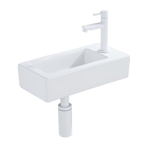 QeramiQ Fuente Ensemble lave-mains - 37.5x18.5x9cm - céramique - trou de robinet à droite - robinet lave-mains blanc mat - bouchon de vidage - siphon