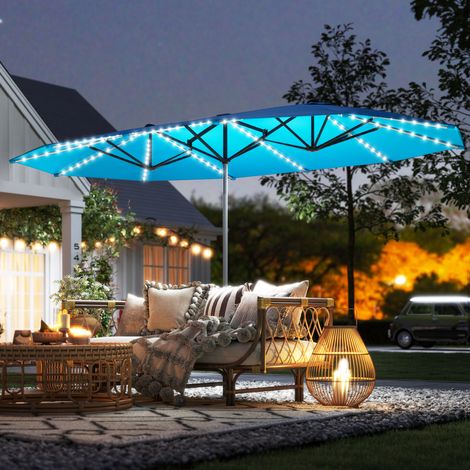Ombrellone doppio con luci solari, alluminio, poliestere, protezione UPF50+, resistente ai raggi UV, ombrellone da giardino, blu