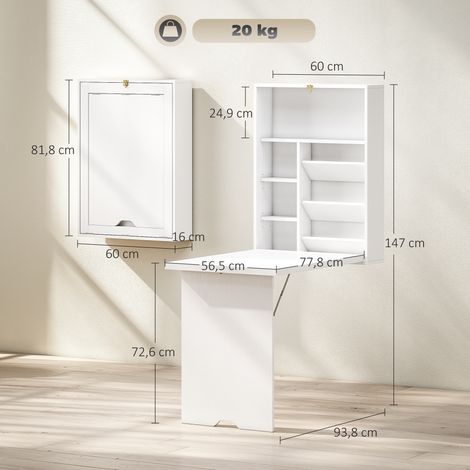 Bureau pliable mural, table murale pliante avec étagères pour salon, salle à manger, bureau, 93,8 x 60 x 147 cm, blanc (1/5)