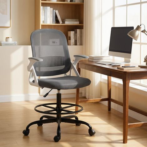 Silla de Escritorio de Malla Silla de Dibujo con Reposabrazos Abatibles Altura Ajustable Reposapiés Gris