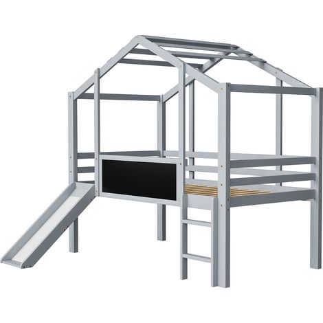 Cama alta infantil 90 x 200 cm con tobogán, escalera de seguridad y pizarra, gris (1/5)