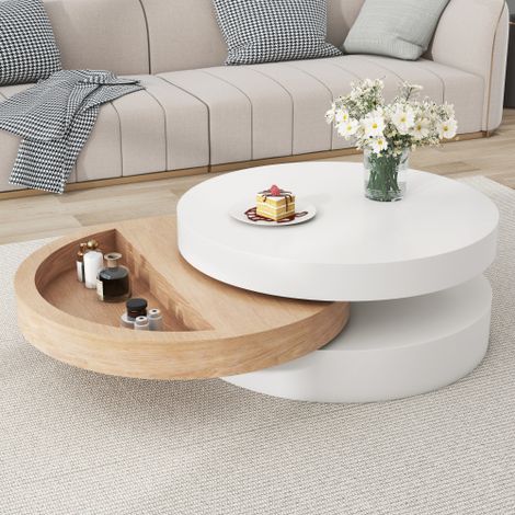 Table basse cylindrique avec plateau supérieur rotatif à 360°, table basse blanche à trois niveaux, 60 x 60 x 35,1 cm