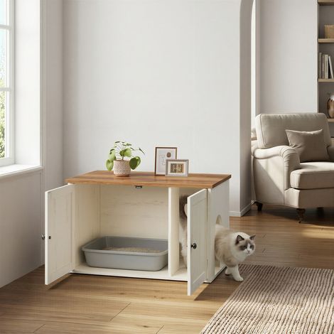 Meuble Litière Chat Toolless, Assemblage Ultra-rapide sans Outils, Blanc Effet Bois et Marron (1/5)