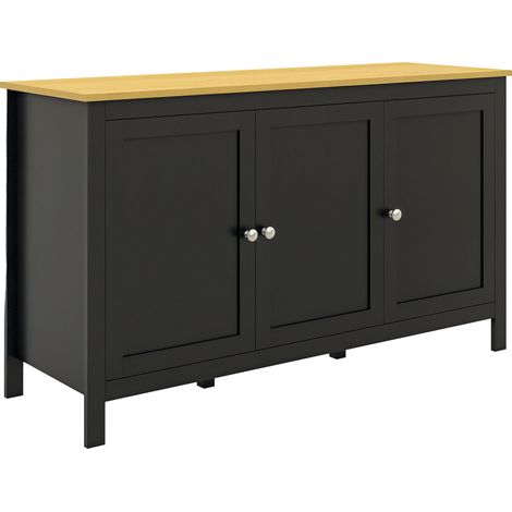 Credenza contenitore con 3 ante, 2 ripiani regolabili, piano effetto legno chiaro, 120 x 40 x 70 cm, nera