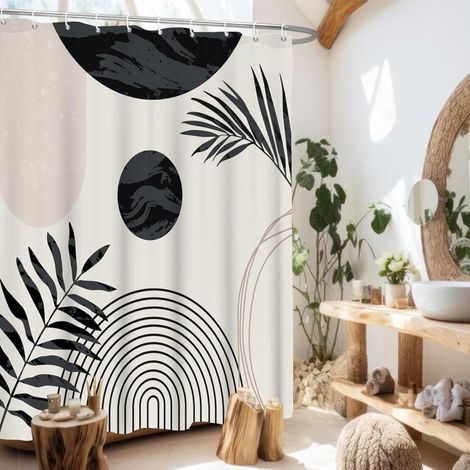 Cortina de ducha de estilo bohemio, con estampado de hojas negras, cortina de ducha abstracta minimalista de estilo medieval-moderno, con ganchos, 72 x 84 pulgadas, compatible con barras de cortina de