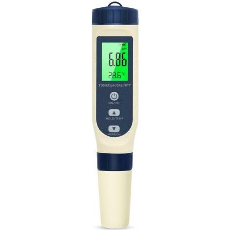 QORVA-Ph Metre, 5 en 1 PH/TDS/EC/Salinité/Thermomètre, Testeur ph à Écran LCD, Compensation Automatique de la Température, Ph Metre Electronique, Adapté à l'Eau Potable, Aquariums, Piscine