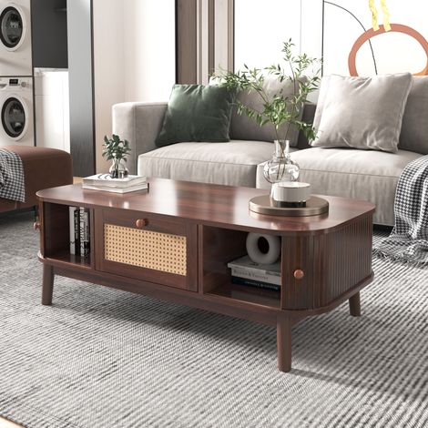 Hauss Spole – Table basse fixe 110 x 55 x 38,5 cm – Rotin et bois massif – 1 tiroir et portes coulissantes – Charge 50 kg – Marron et naturel