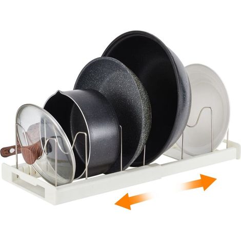 Étagère à casseroles extensible, organiseur de casseroles, organiseur de couvercles, séparateurs réglables en acier inoxydable (1/5)
