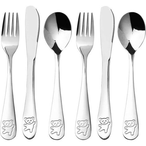 Set di posate per bambini da 6 pezzi in acciaio inox, composto da 2 forchette, 2 cucchiai e 2 coltelli, ideale per casa e scuola (Orsetto, Argento) (1/5)