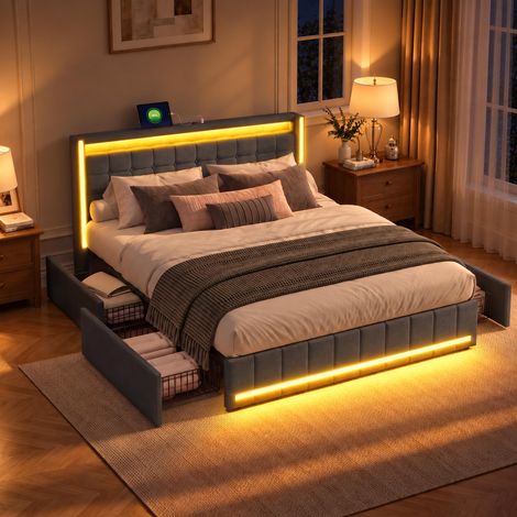 Lit 140x190 avec Sommier et LED, Cadre de Lit Double avec 4 Tiroirs, Tête de Lit en Lin avec USB et Type-C, Design Moderne pour Chambre à Coucher, Suite Parentale ou Chambre d'amis, sans Matelas Gris (1/5)
