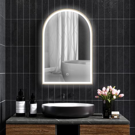 90 x 60 cm LED-Badezimmerspiegel, Wandmontage, 3 Farben, gebogener Aluminiumrahmen, Antibeschlagfunktion und Touch-Schalter