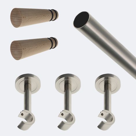 Kit de tringle à rideaux Nickel Mat 250cm Diam.20mm Embout Cône Bois - Fixation Mur - Boulet (1/3)