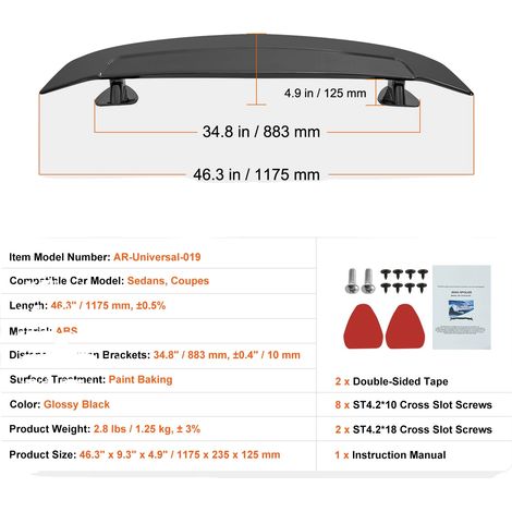 Spoiler, compatibilidad universal, plástico ABS duradero, 46,3 pulgadas (1/2)