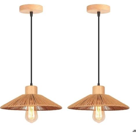 2pcs Rétro Lustre Suspension Luminaire Industriel Lampe de Plafond Tissé en Corde de papier Designe Chapeau pour Salon (1/5)