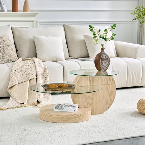 Table basse minimaliste moderne à deux niveaux en verre de sécurité, design multicouche, avec une structure de support en MDF de haute qualité et une finition bois clair. Disponible en plusieurs color