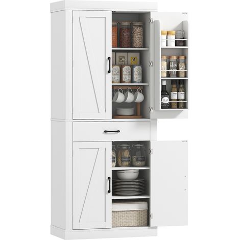Buffet de cuisine style country avec 2 placards 6 etageres et tiroir en bois 76x39,5x183,5 cm blanc (1/5)