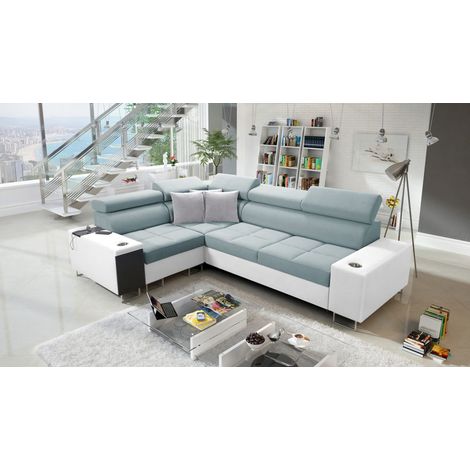 Elegantes Ecksofa mit Konsole und Ladegerät MORENA II Kunstleder/Sawana Weiß/Blaugrau Links (1/5)