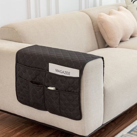 Copribracciolo organizer per divano, 6 scomparti portaoggetti, resistente agli schizzi, 90x50 cm, grigio scuro. (1/5)