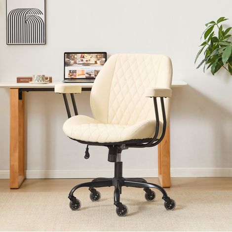 Silla de oficina blanca reclinable, reposabrazos extraíbles, ruedas, cuero DESVIAE (1/5)